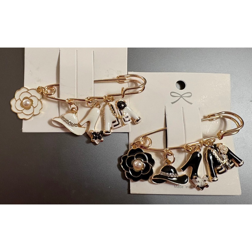 Gold Tone Parisian Charm‎ Safety Pin Brooch Set Camellia Flower Hat Heel Jacket